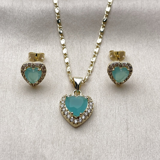 Oro Laminado Earring and Pendant Adult Set, Gold Filled Style Heart and Cluster Design, with Light Turquoise and White Cubic Zirconia, Polished, Golden Finish