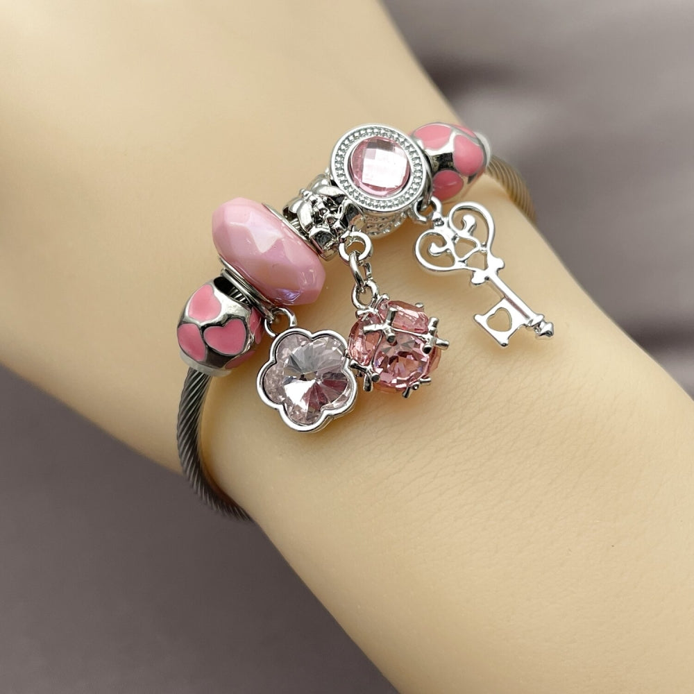 Stainless Steel Individual Bangle, key and Flower Design, with White Cubic Zirconia and Light Rose Crystal, Pink Enamel Finish, Rhodium Finish