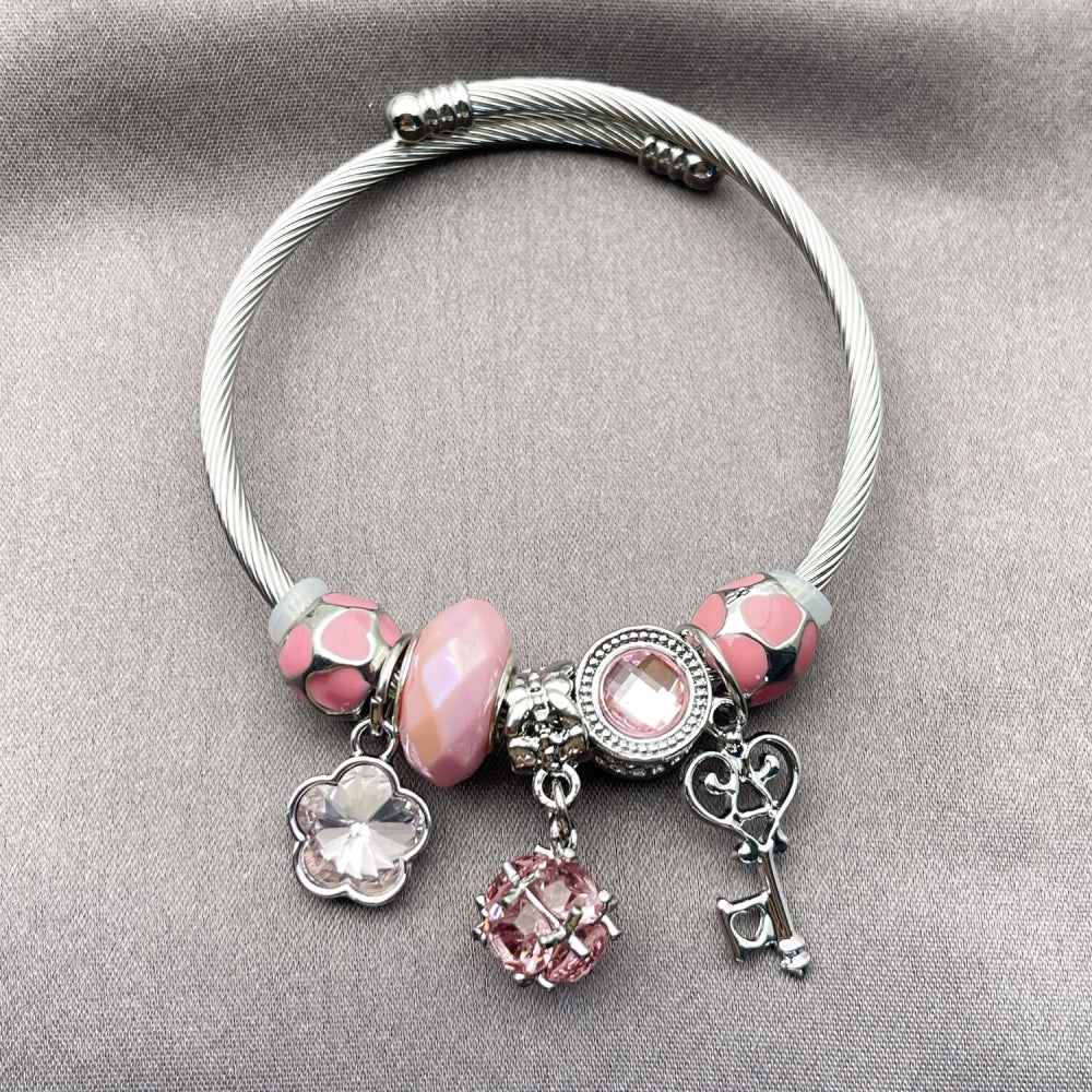 Stainless Steel Individual Bangle, key and Flower Design, with White Cubic Zirconia and Light Rose Crystal, Pink Enamel Finish, Rhodium Finish