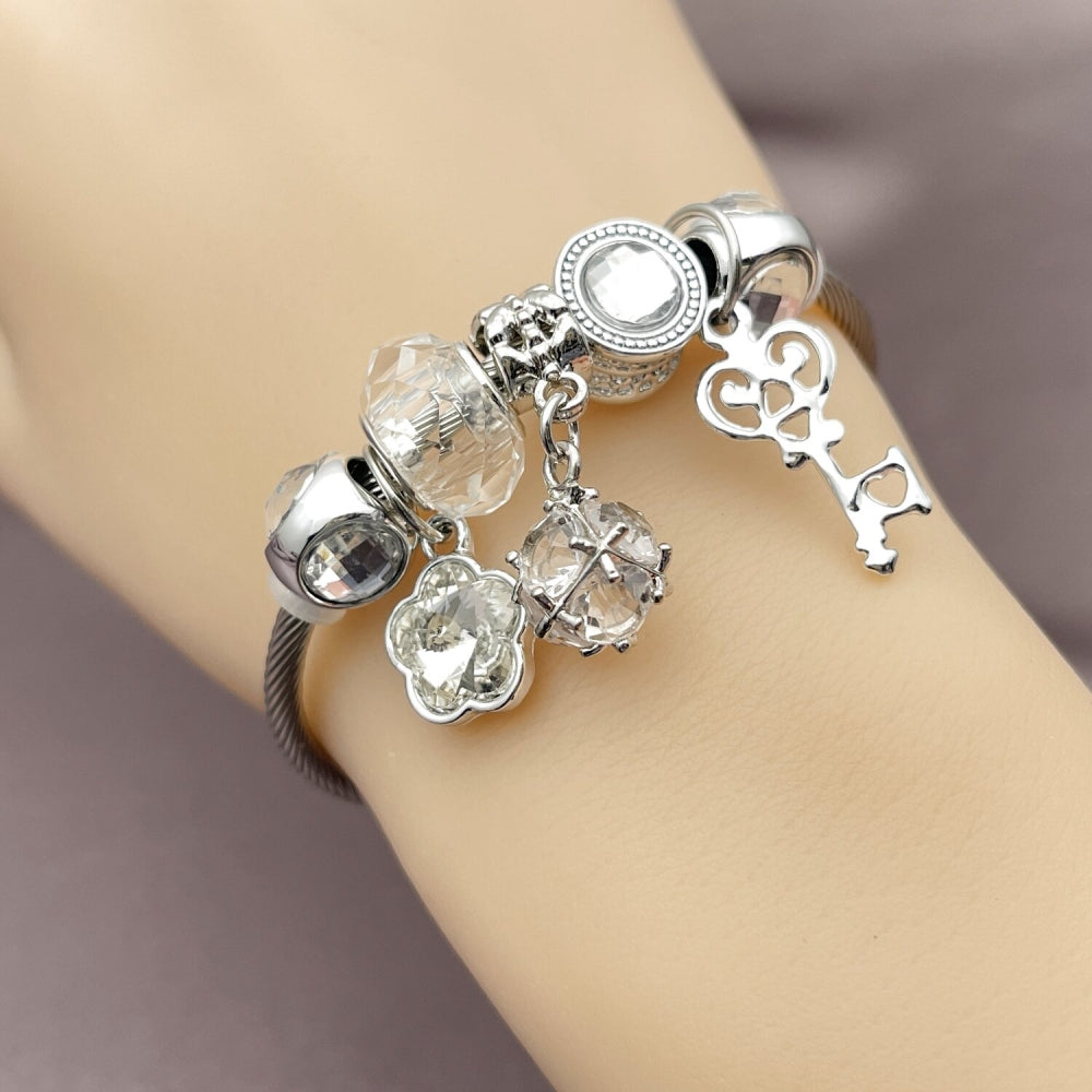 Stainless Steel Individual Bangle, key and Flower Design, with White Cubic Zirconia and Crystal Crystal, Pink Polished, Rhodium Finish