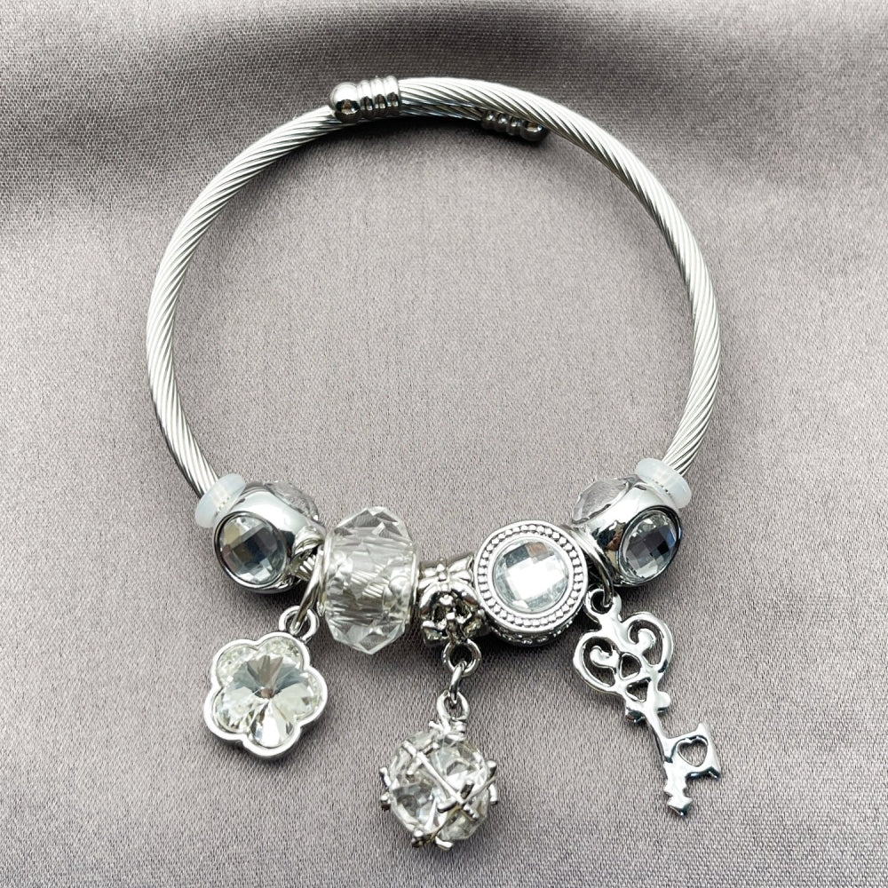 Stainless Steel Individual Bangle, key and Flower Design, with White Cubic Zirconia and Crystal Crystal, Pink Polished, Rhodium Finish