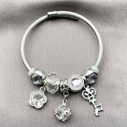 Stainless Steel Individual Bangle, key and Flower Design, with White Cubic Zirconia and Crystal Crystal, Pink Polished, Rhodium Finish