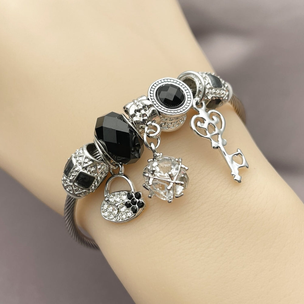 Stainless Steel Individual Bangle, key and Suitecase Design, with White Cubic Zirconia and Jet Crystal, Black Enamel Finish, Rhodium Finish
