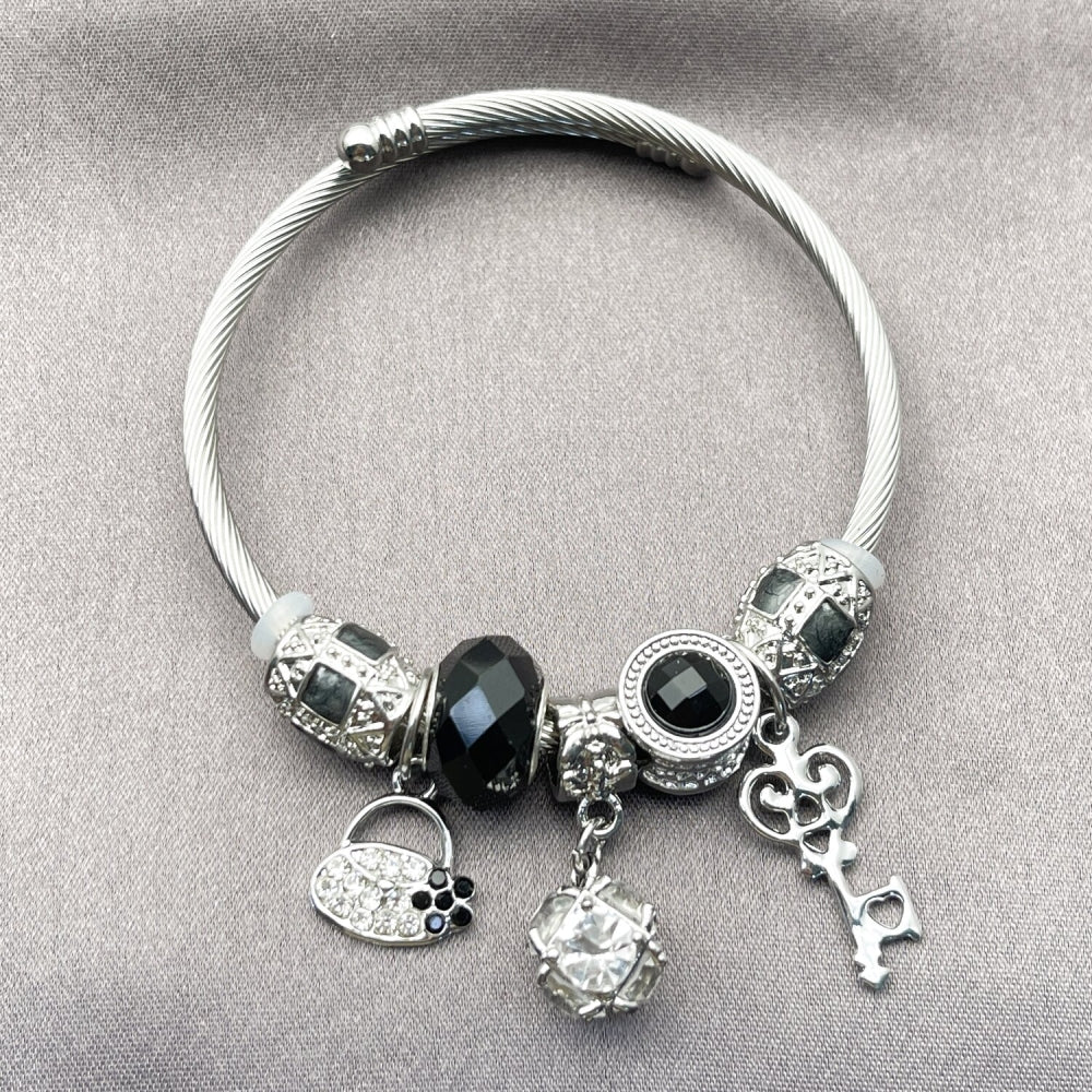 Stainless Steel Individual Bangle, key and Suitecase Design, with White Cubic Zirconia and Jet Crystal, Black Enamel Finish, Rhodium Finish