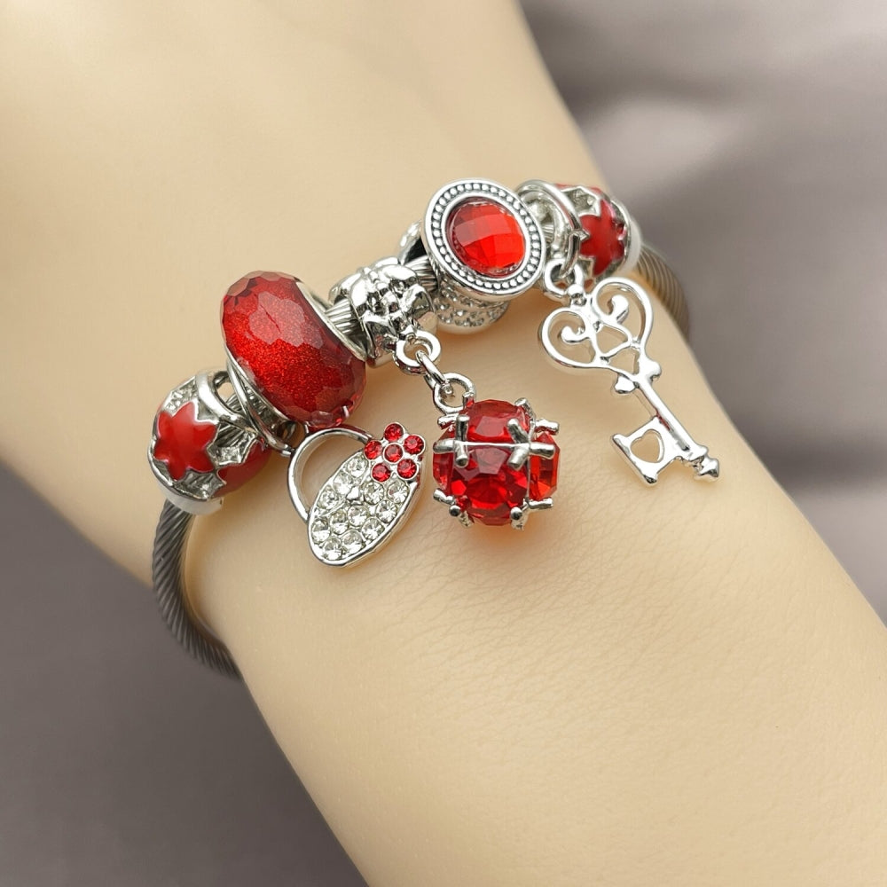 Stainless Steel Individual Bangle, key and Suitecase Design, with Garnet Cubic Zirconia and Light Siam Crystal, Red Enamel Finish, Rhodium Finish