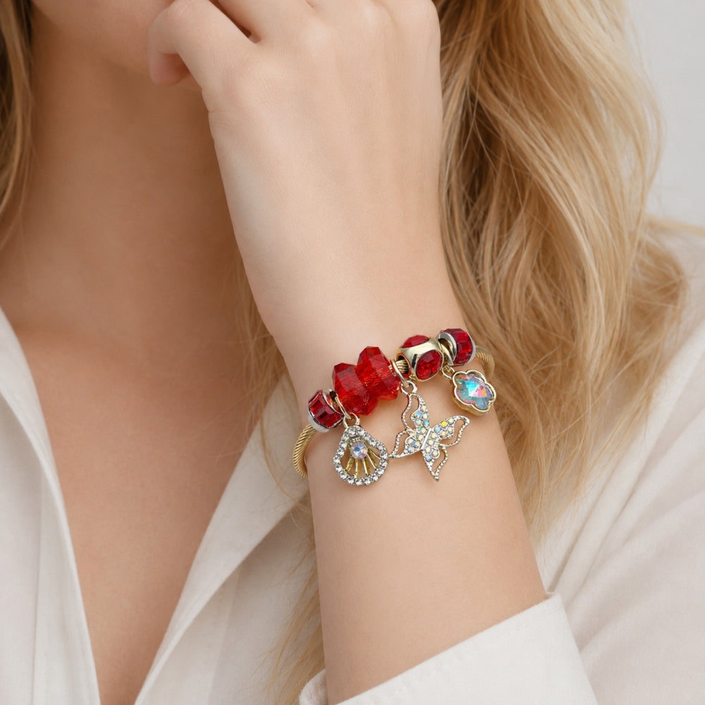 Stainless Steel Individual Bangle, Butterfly and Shell Design, with Siam and Aurore Boreale Crystal, Polished, Golden Finish