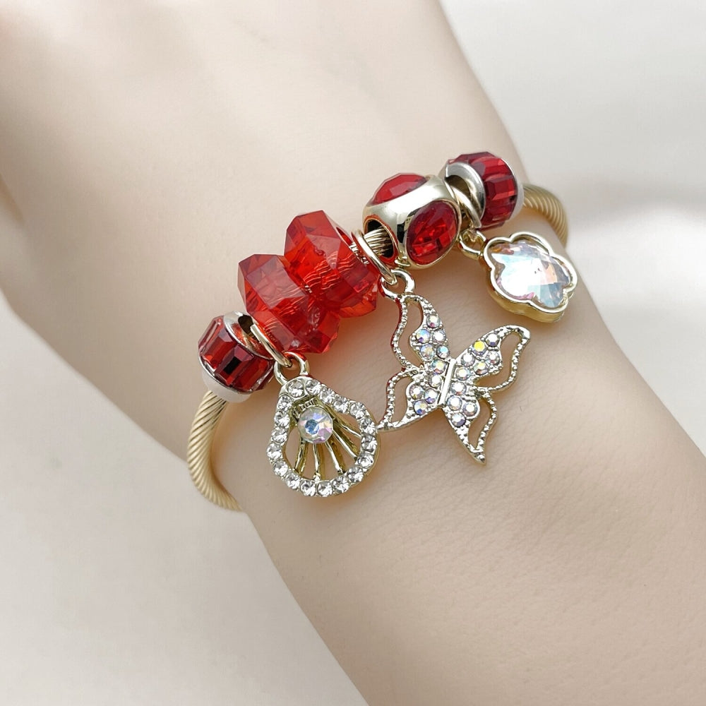 Stainless Steel Individual Bangle, Butterfly and Shell Design, with Siam and Aurore Boreale Crystal, Polished, Golden Finish