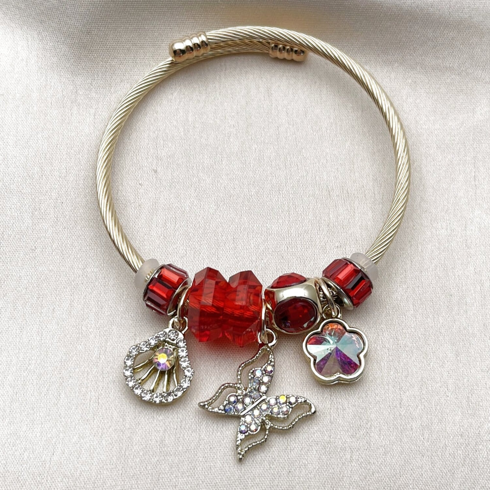Stainless Steel Individual Bangle, Butterfly and Shell Design, with Siam and Aurore Boreale Crystal, Polished, Golden Finish
