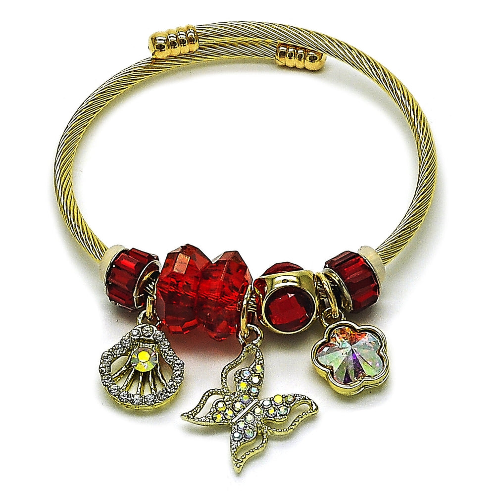 Stainless Steel Individual Bangle, Butterfly and Shell Design, with Siam and Aurore Boreale Crystal, Polished, Golden Finish