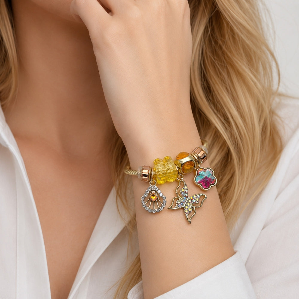 Stainless Steel Individual Bangle, Butterfly and Shell Design, with Light Smoked Topaz and Aurore Boreale Crystal, Polished, Golden Finish