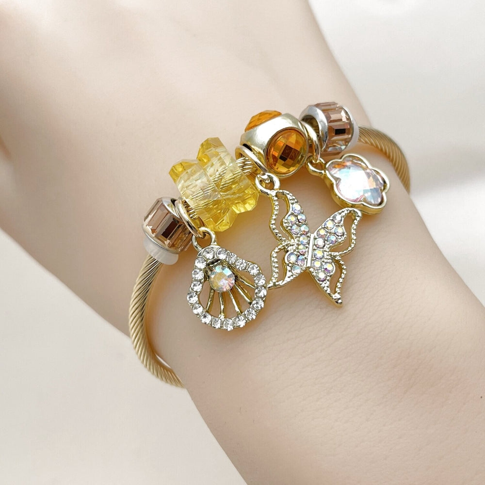 Stainless Steel Individual Bangle, Butterfly and Shell Design, with Light Smoked Topaz and Aurore Boreale Crystal, Polished, Golden Finish
