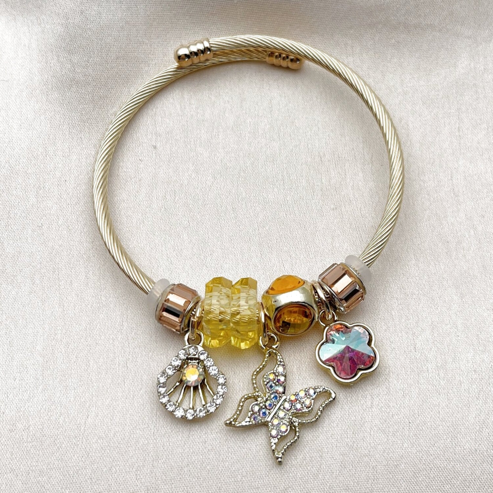 Stainless Steel Individual Bangle, Butterfly and Shell Design, with Light Smoked Topaz and Aurore Boreale Crystal, Polished, Golden Finish