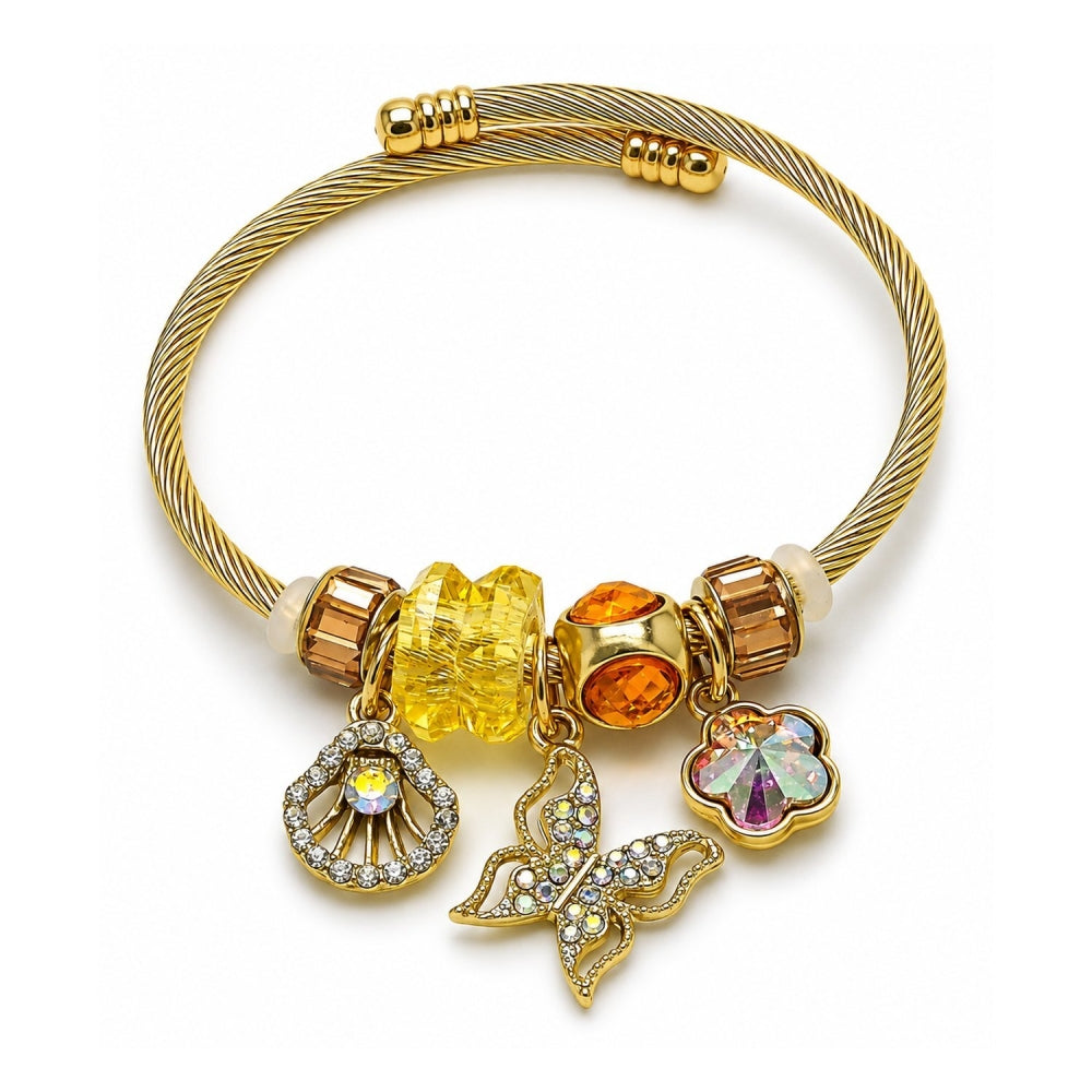 Stainless Steel Individual Bangle, Butterfly and Shell Design, with Light Smoked Topaz and Aurore Boreale Crystal, Polished, Golden Finish