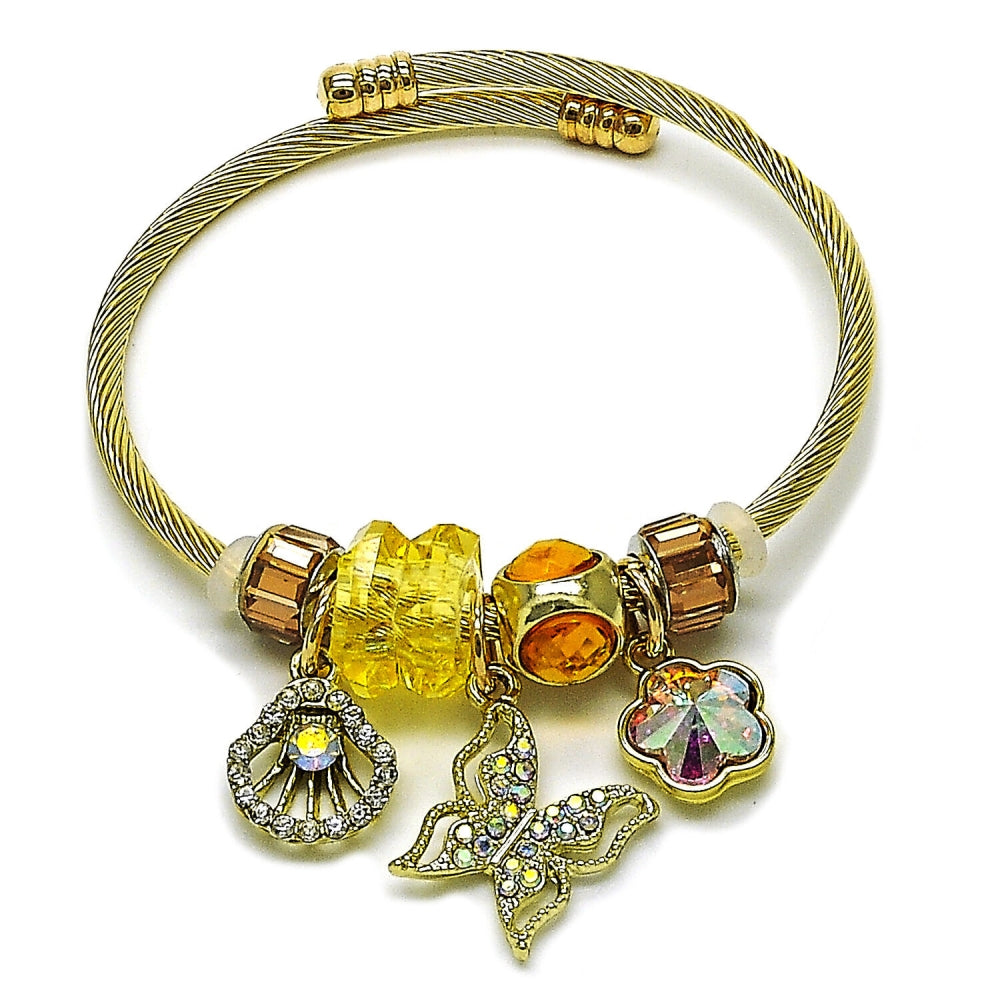 Stainless Steel Individual Bangle, Butterfly and Shell Design, with Light Smoked Topaz and Aurore Boreale Crystal, Polished, Golden Finish