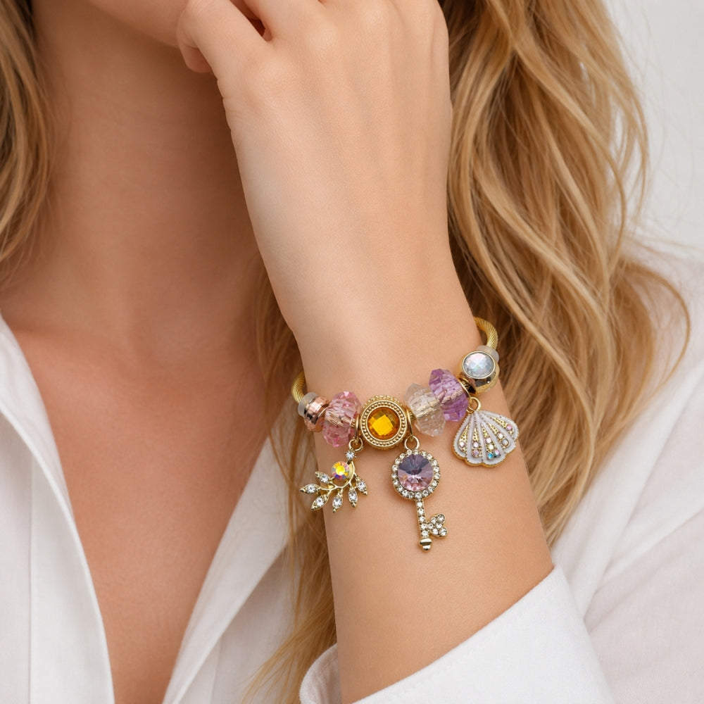 Stainless Steel Individual Bangle, Shell and key Design, with Light Rose and Crystal Crystal, White Enamel Finish, Golden Finish