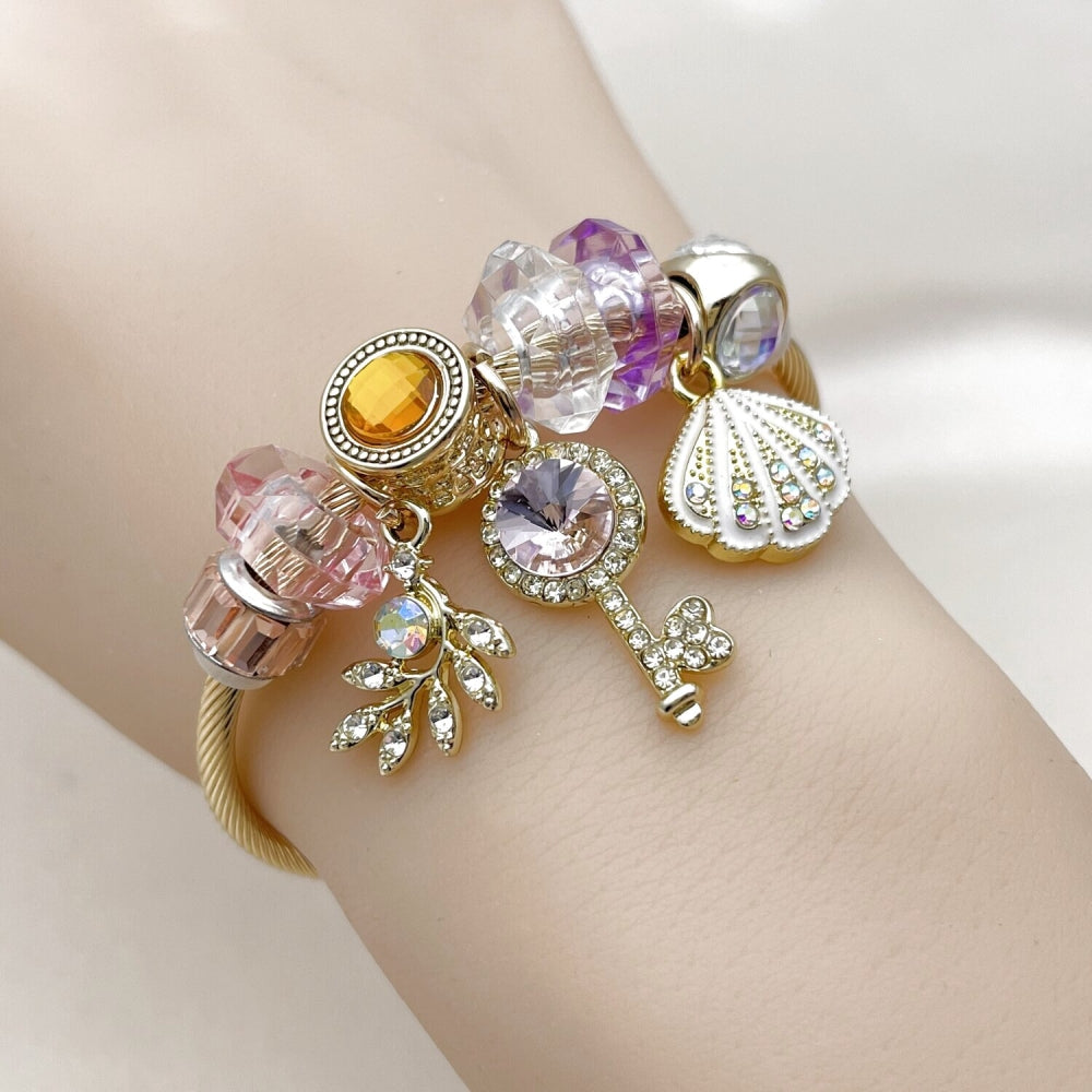 Stainless Steel Individual Bangle, Shell and key Design, with Light Rose and Crystal Crystal, White Enamel Finish, Golden Finish