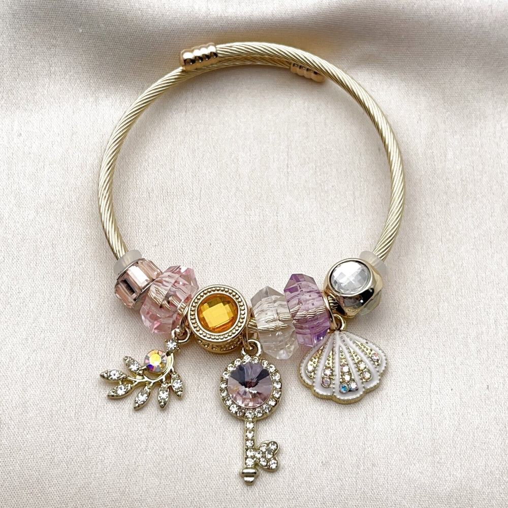 Stainless Steel Individual Bangle, Shell and key Design, with Light Rose and Crystal Crystal, White Enamel Finish, Golden Finish