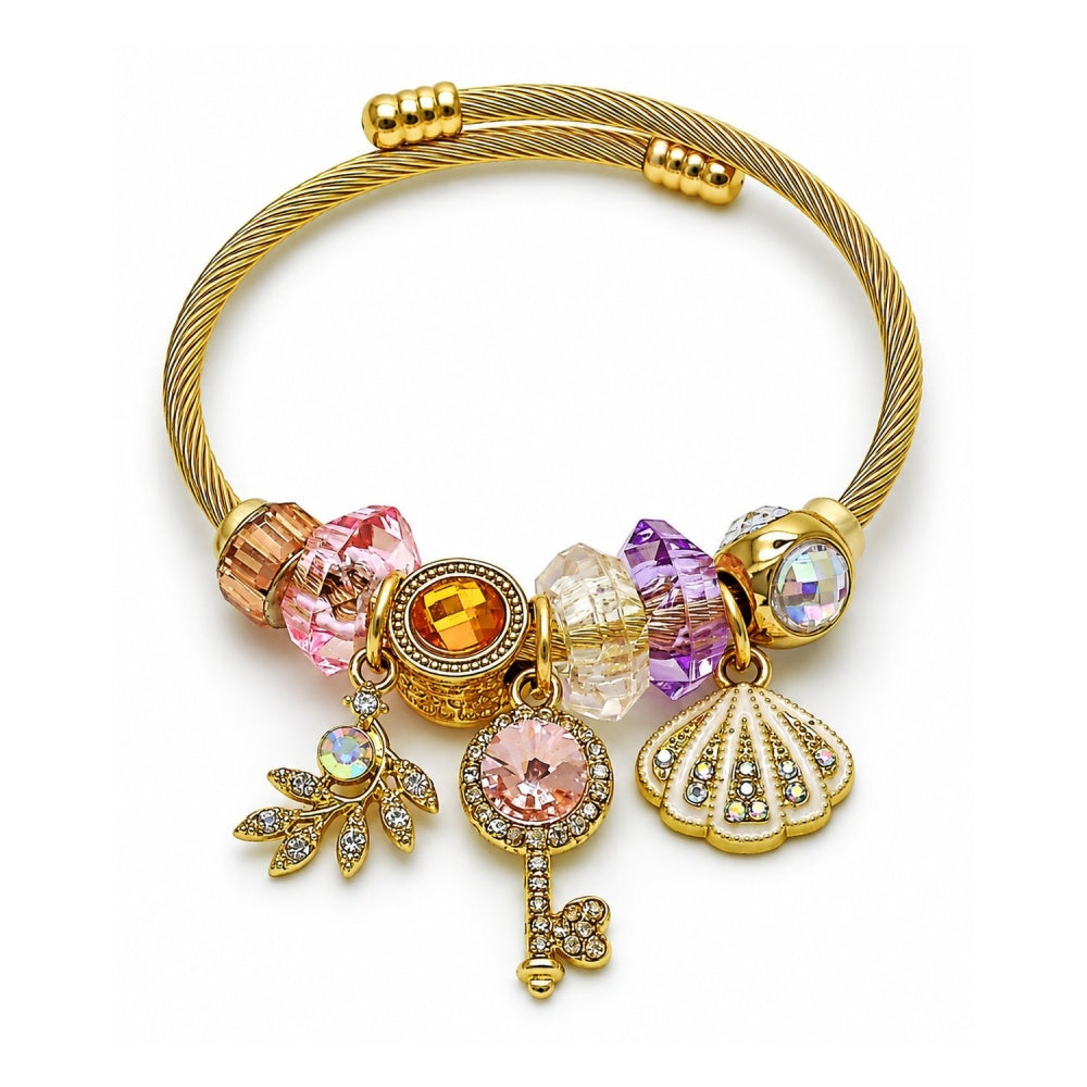 Stainless Steel Individual Bangle, Shell and key Design, with Light Rose and Crystal Crystal, White Enamel Finish, Golden Finish