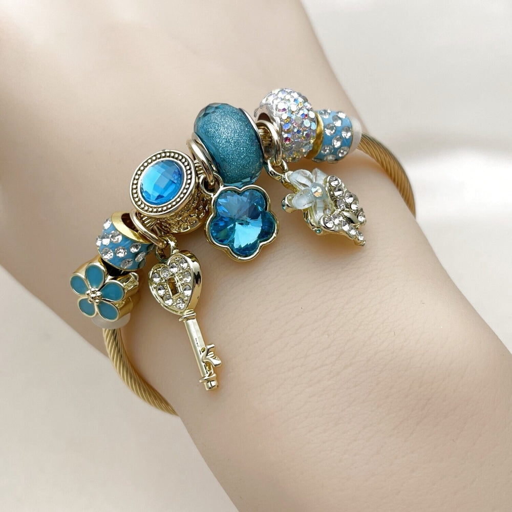 Stainless Steel Individual Bangle, Flower and key Design, with Light Turquoise and Crystal Crystal, Turquoise Enamel Finish, Golden Finish