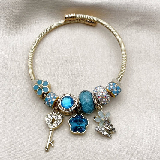 Stainless Steel Individual Bangle, Flower and key Design, with Light Turquoise and Crystal Crystal, Turquoise Enamel Finish, Golden Finish