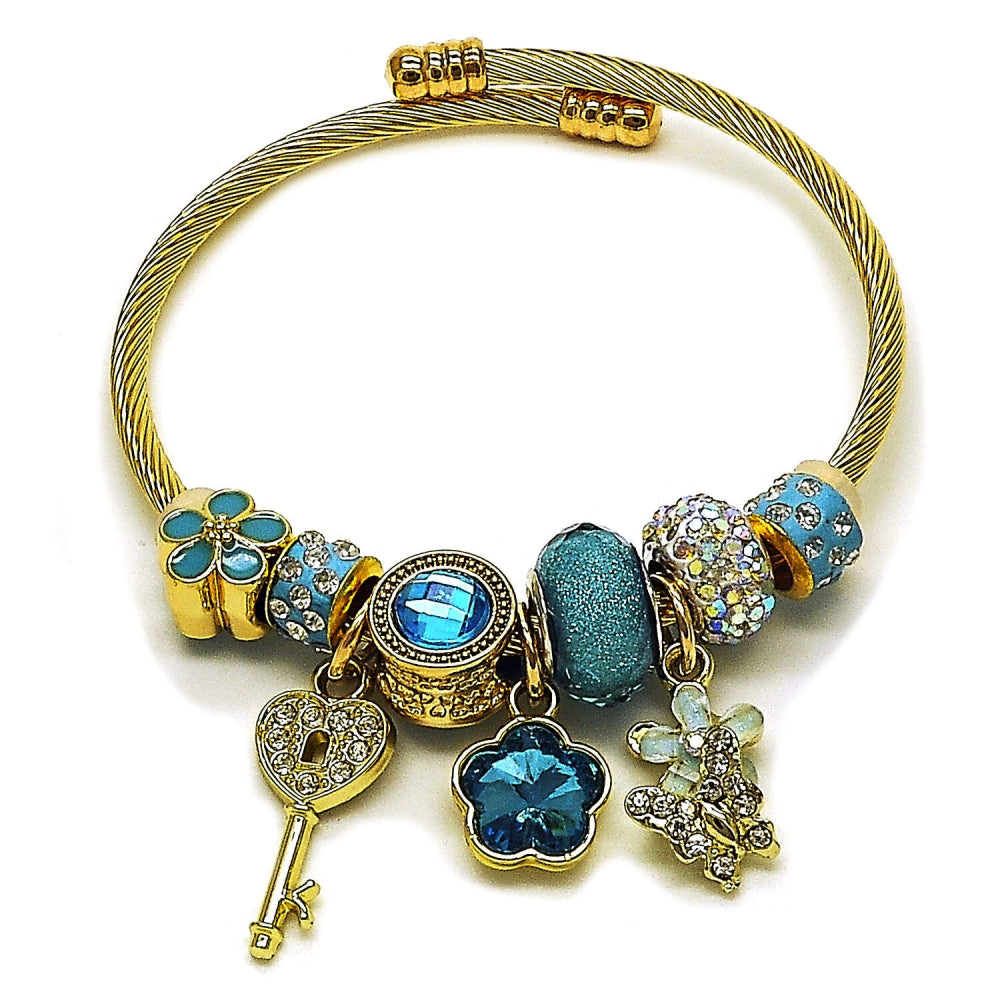 Stainless Steel Individual Bangle, Flower and key Design, with Light Turquoise and Crystal Crystal, Turquoise Enamel Finish, Golden Finish