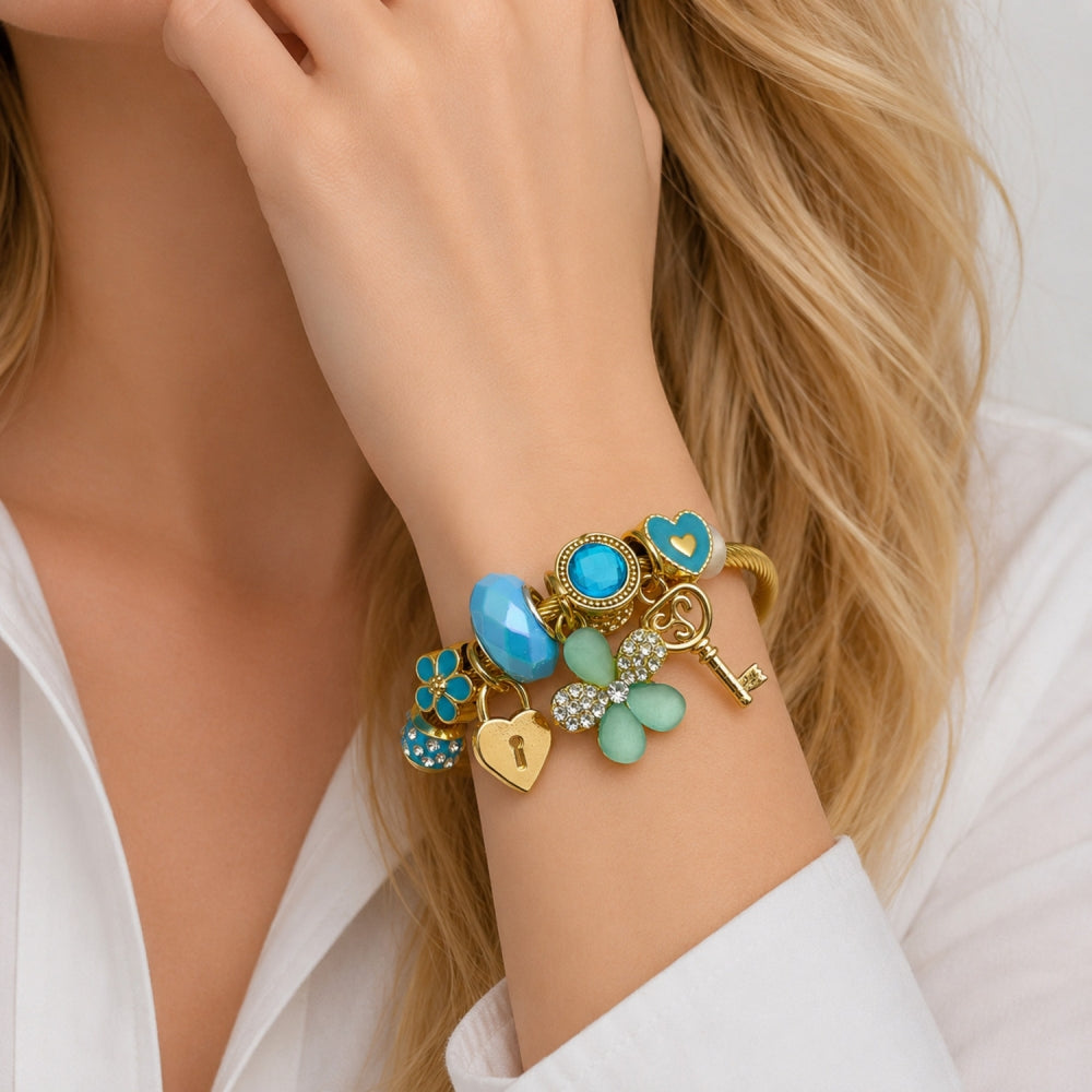 Stainless Steel Individual Bangle, Flower and Heart Design, with Light Turquoise and Indicolite Crystal, Turquoise Enamel Finish, Golden Finish