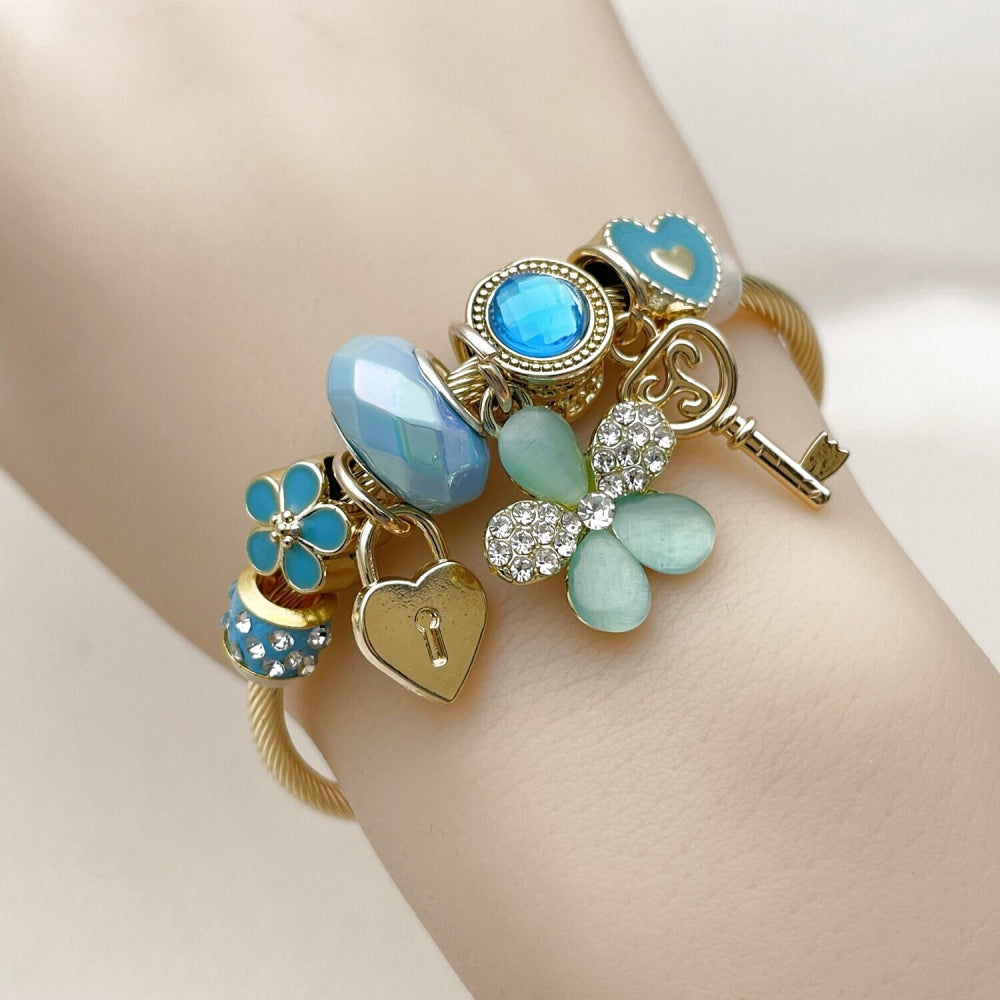 Stainless Steel Individual Bangle, Flower and Heart Design, with Light Turquoise and Indicolite Crystal, Turquoise Enamel Finish, Golden Finish