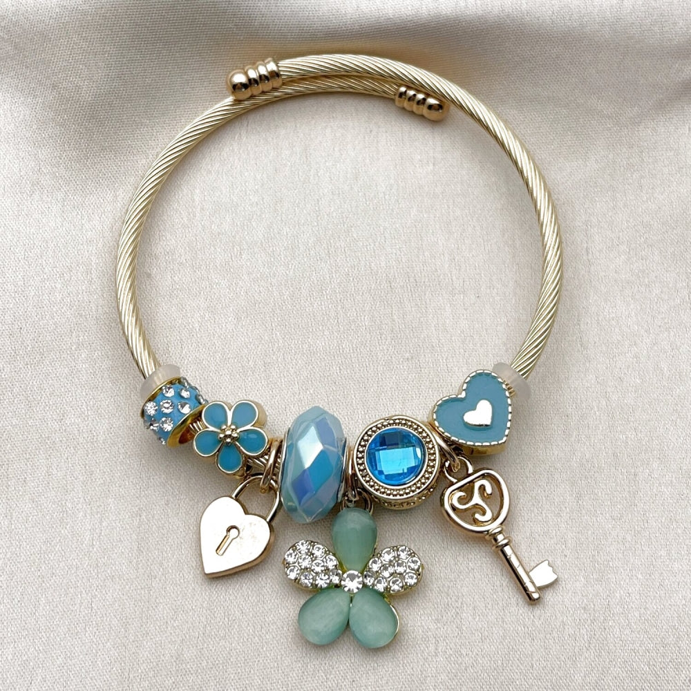 Stainless Steel Individual Bangle, Flower and Heart Design, with Light Turquoise and Indicolite Crystal, Turquoise Enamel Finish, Golden Finish