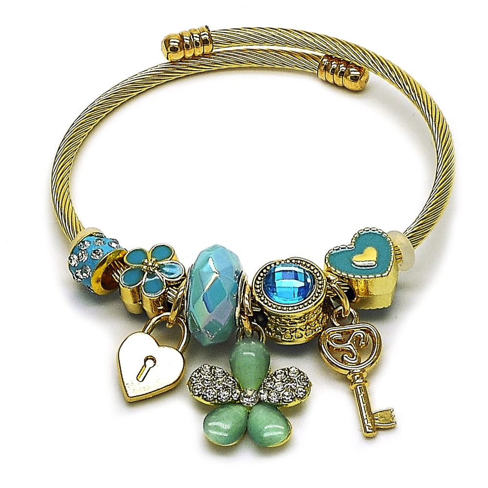 Stainless Steel Individual Bangle, Flower and Heart Design, with Light Turquoise and Indicolite Crystal, Turquoise Enamel Finish, Golden Finish