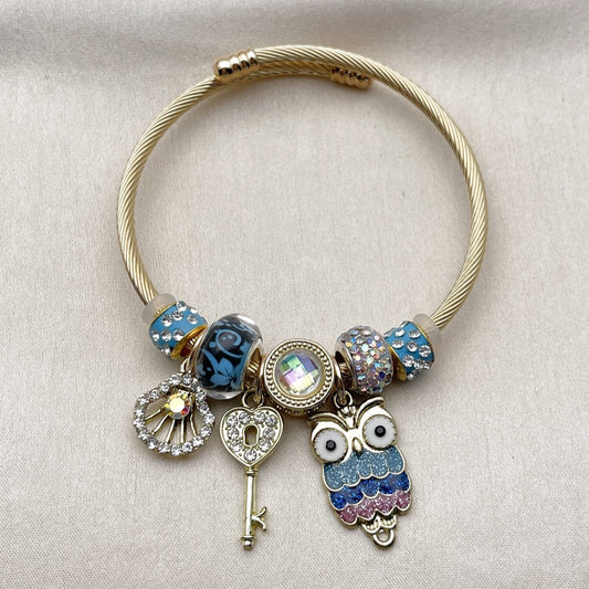 Stainless Steel Individual Bangle, Owl and Shell Design, with Crystal and Aurore Boreale Crystal, Multicolor Enamel Finish, Golden Finish