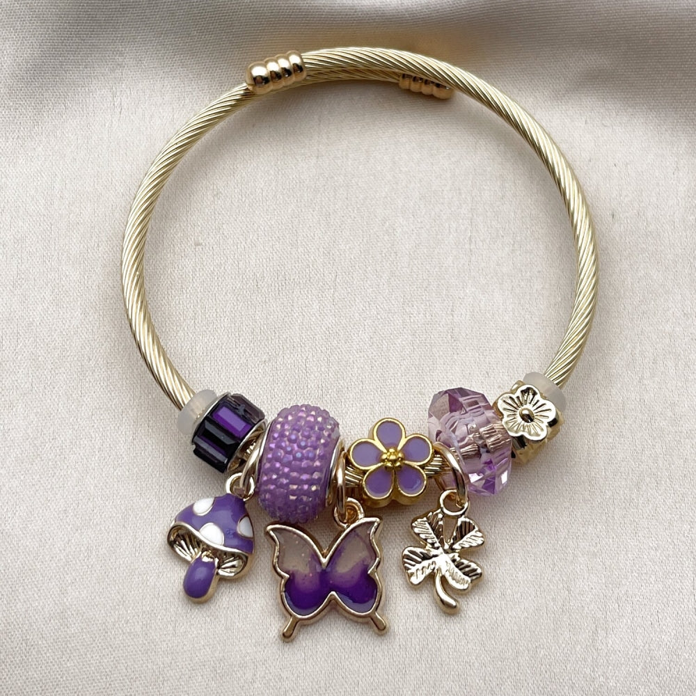 Stainless Steel Individual Bangle, Butterfly and Four-leaf Clover Design, with Violet Crystal, Polished, Golden Finish