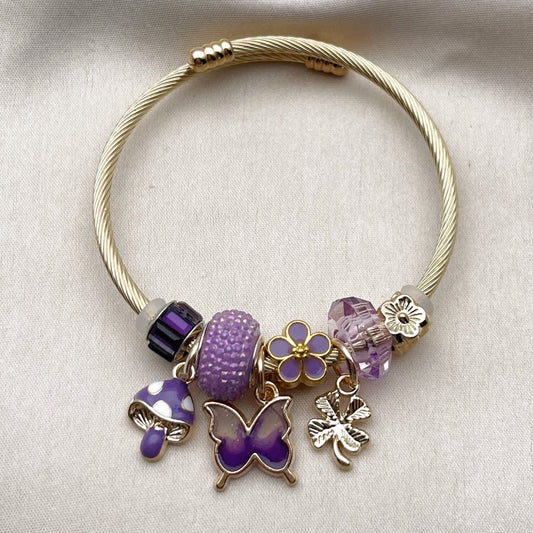 Stainless Steel Individual Bangle, Butterfly and Four-leaf Clover Design, with Violet Crystal, Polished, Golden Finish
