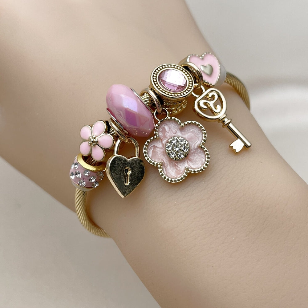 Stainless Steel Individual Bangle, Flower and key Design, with Light Rose and White Crystal, Pink Enamel Finish, Golden Finish