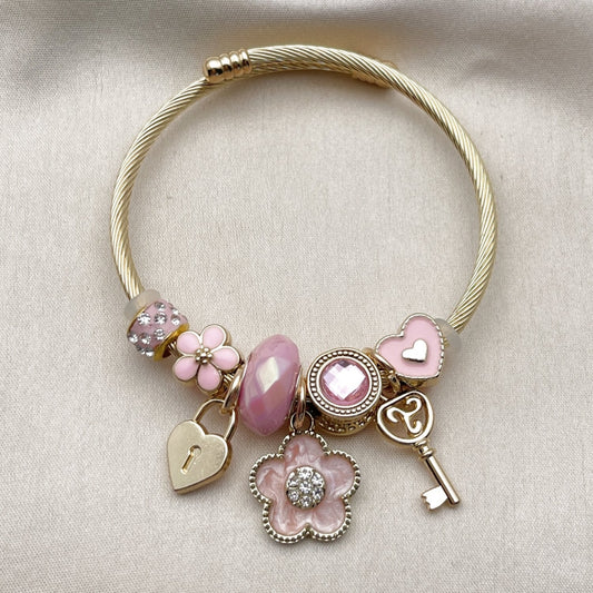 Stainless Steel Individual Bangle, Flower and key Design, with Light Rose and White Crystal, Pink Enamel Finish, Golden Finish