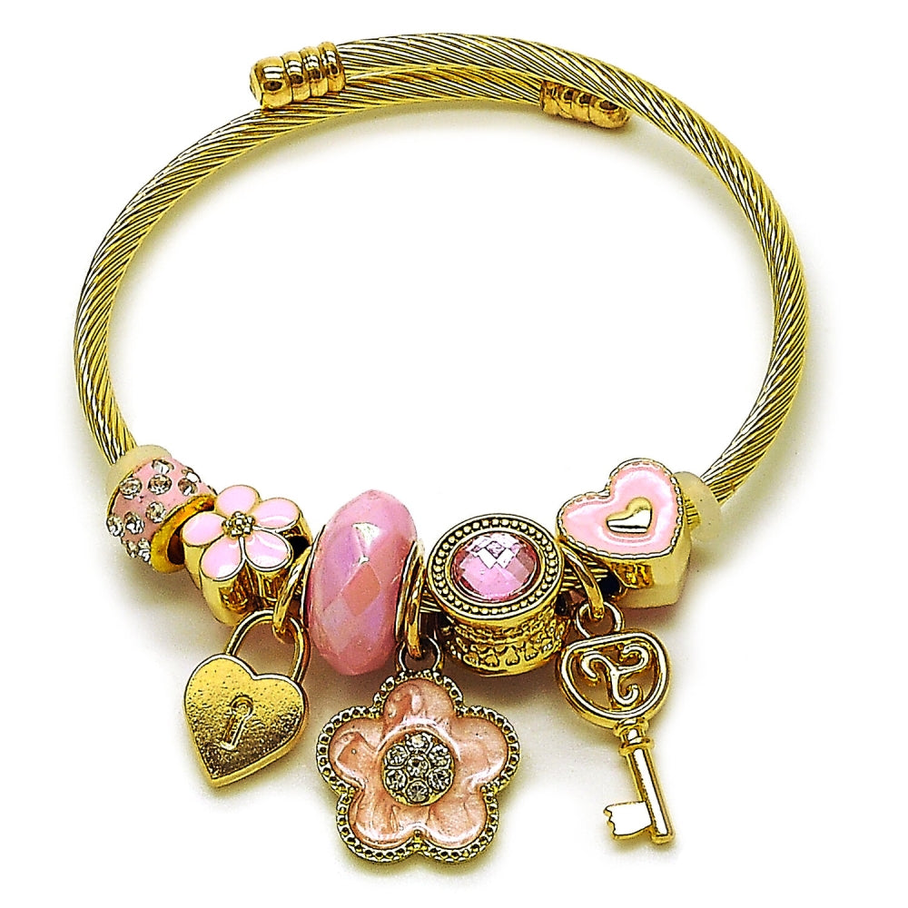 Stainless Steel Individual Bangle, Flower and key Design, with Light Rose and White Crystal, Pink Enamel Finish, Golden Finish