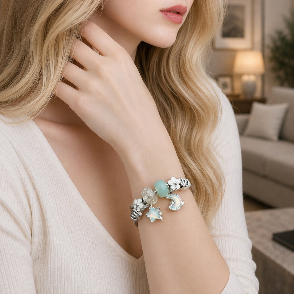 Stainless Steel Individual Bangle, Moon and Star Design, with Crystal and Turquoise Crystal, White Enamel Finish, Rhodium Finish