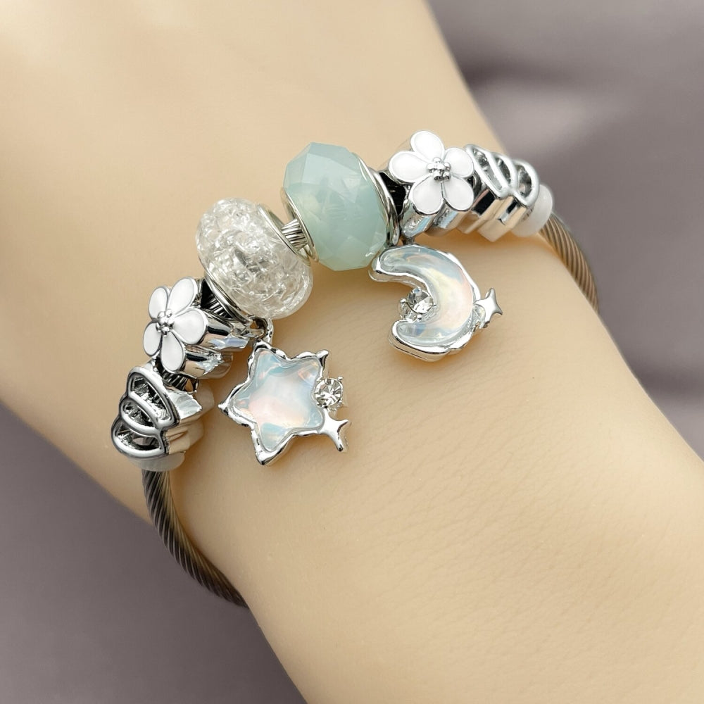 Stainless Steel Individual Bangle, Moon and Star Design, with Crystal and Turquoise Crystal, White Enamel Finish, Rhodium Finish