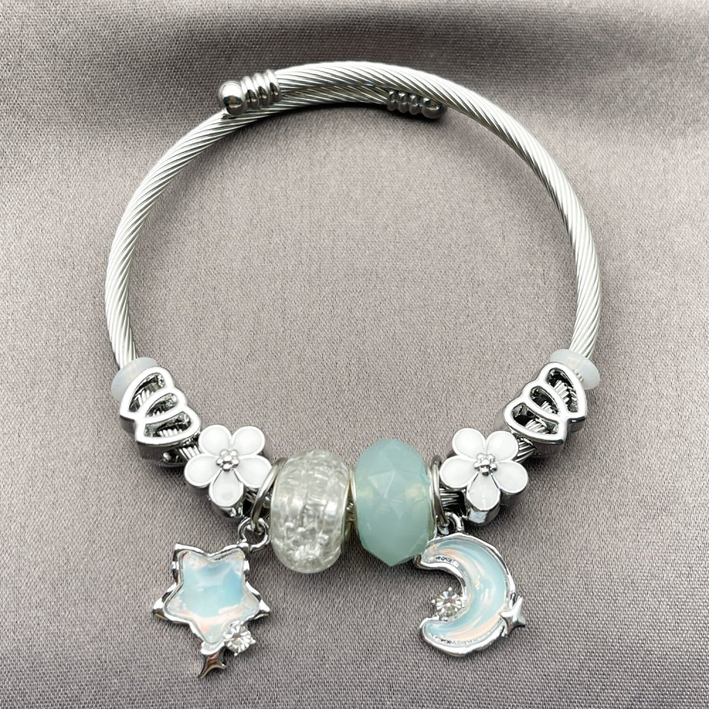 Stainless Steel Individual Bangle, Moon and Star Design, with Crystal and Turquoise Crystal, White Enamel Finish, Rhodium Finish