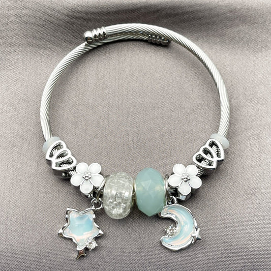 Stainless Steel Individual Bangle, Moon and Star Design, with Crystal and Turquoise Crystal, White Enamel Finish, Rhodium Finish