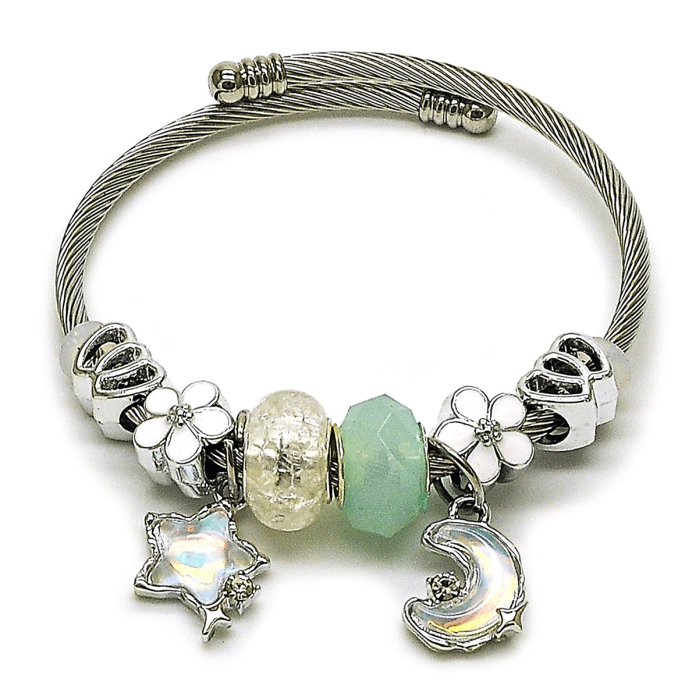 Stainless Steel Individual Bangle, Moon and Star Design, with Crystal and Turquoise Crystal, White Enamel Finish, Rhodium Finish