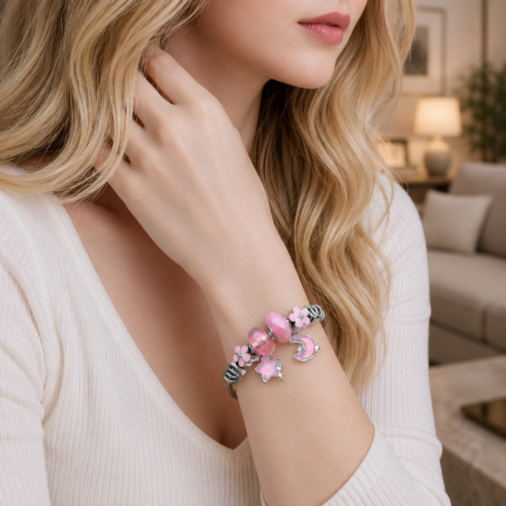 Stainless Steel Individual Bangle, Moon and Star Design, with Light Rose Crystal, Pink Enamel Finish, Rhodium Finish