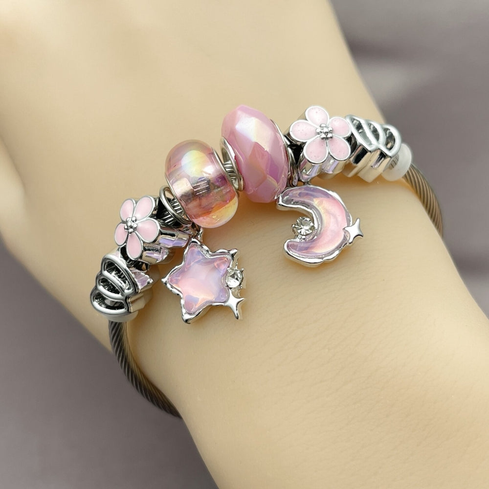 Stainless Steel Individual Bangle, Moon and Star Design, with Light Rose Crystal, Pink Enamel Finish, Rhodium Finish