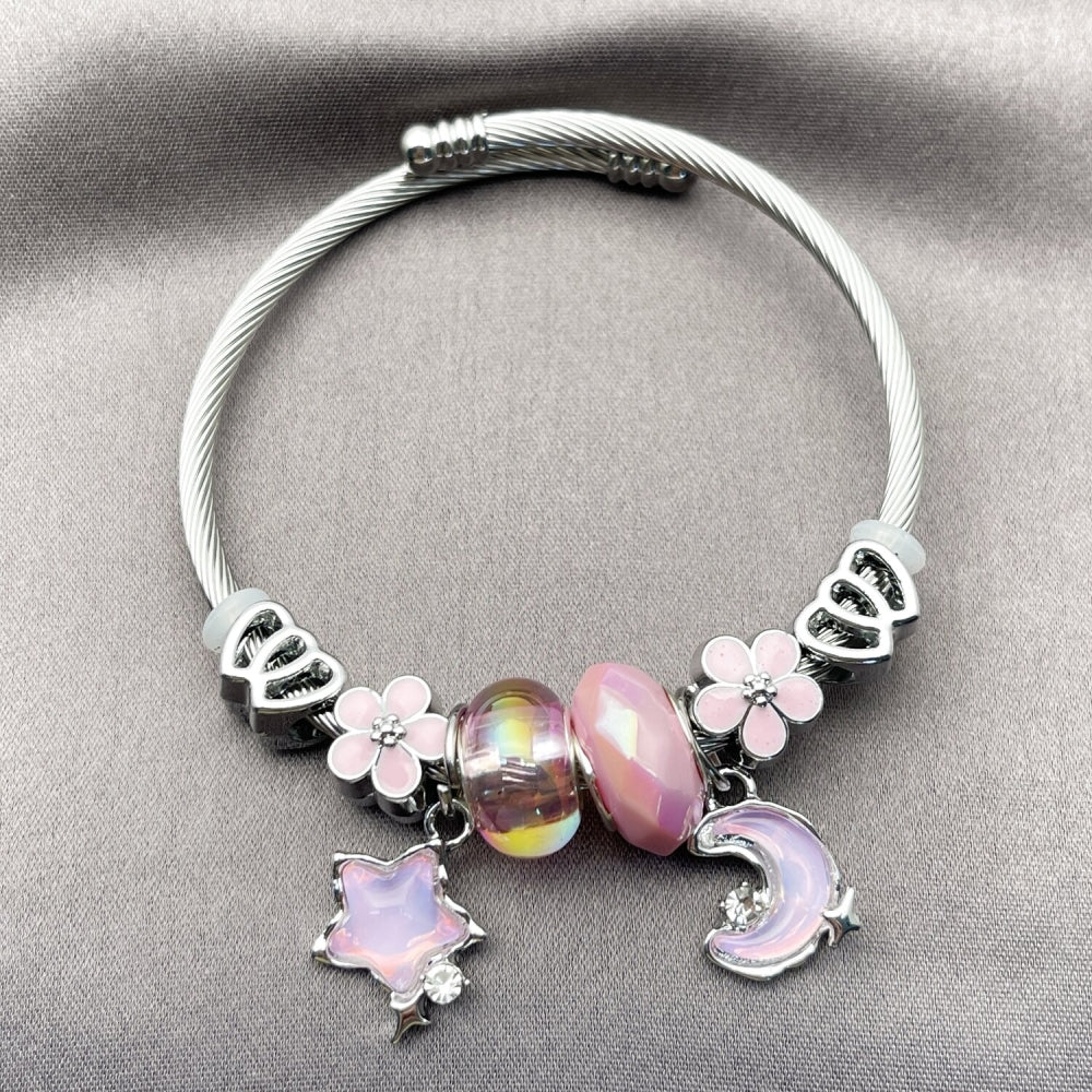 Stainless Steel Individual Bangle, Moon and Star Design, with Light Rose Crystal, Pink Enamel Finish, Rhodium Finish
