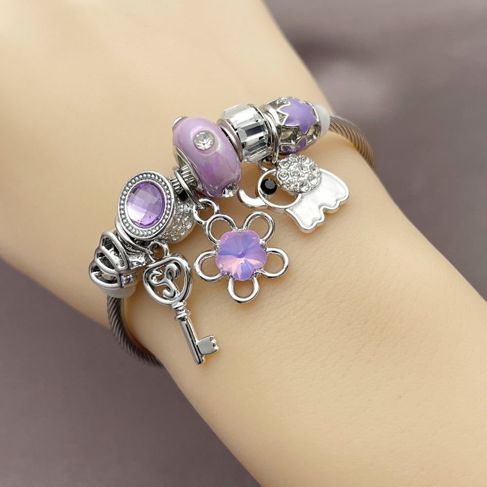 Stainless Steel Individual Bangle, Flower and Elephant Design, with Violet and Crystal Crystal, Purple Enamel Finish, Rhodium Finish