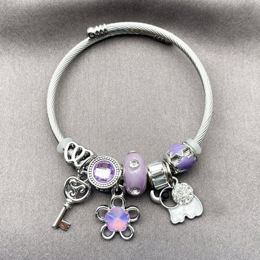 Stainless Steel Individual Bangle, Flower and Elephant Design, with Violet and Crystal Crystal, Purple Enamel Finish, Rhodium Finish