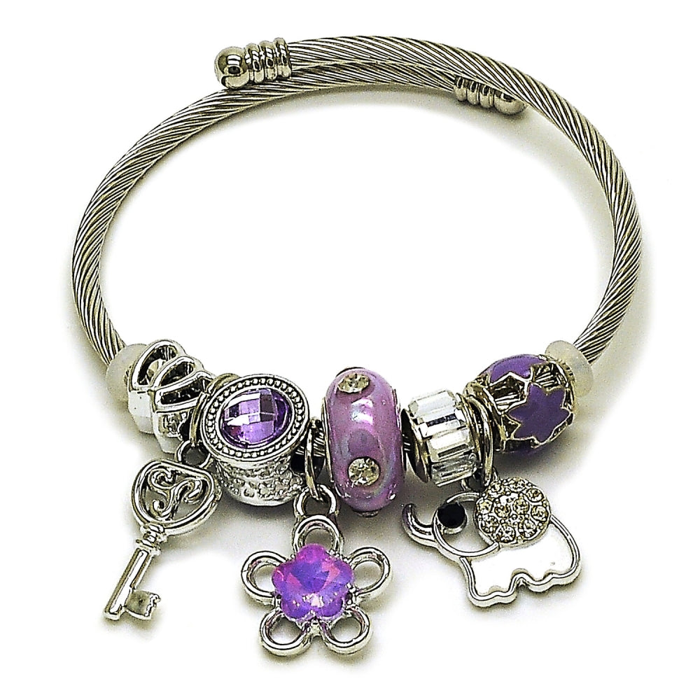 Stainless Steel Individual Bangle, Flower and Elephant Design, with Violet and Crystal Crystal, Purple Enamel Finish, Rhodium Finish