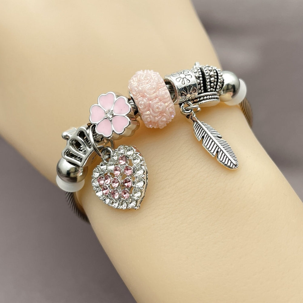 Stainless Steel Individual Bangle, Heart and Leaf Design, with Light Rose and Crystal Crystal, Pink Enamel Finish, Rhodium Finish
