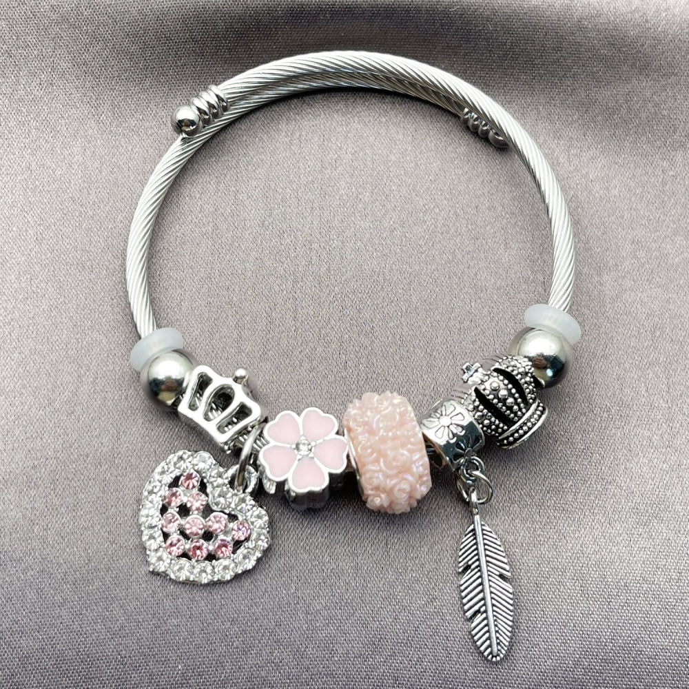 Stainless Steel Individual Bangle, Heart and Leaf Design, with Light Rose and Crystal Crystal, Pink Enamel Finish, Rhodium Finish