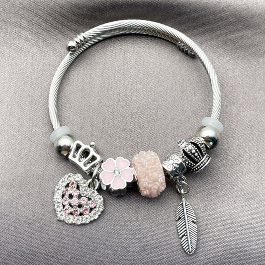Stainless Steel Individual Bangle, Heart and Leaf Design, with Light Rose and Crystal Crystal, Pink Enamel Finish, Rhodium Finish