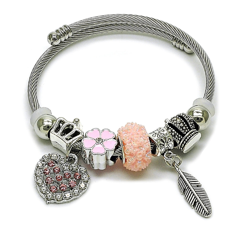 Stainless Steel Individual Bangle, Heart and Leaf Design, with Light Rose and Crystal Crystal, Pink Enamel Finish, Rhodium Finish